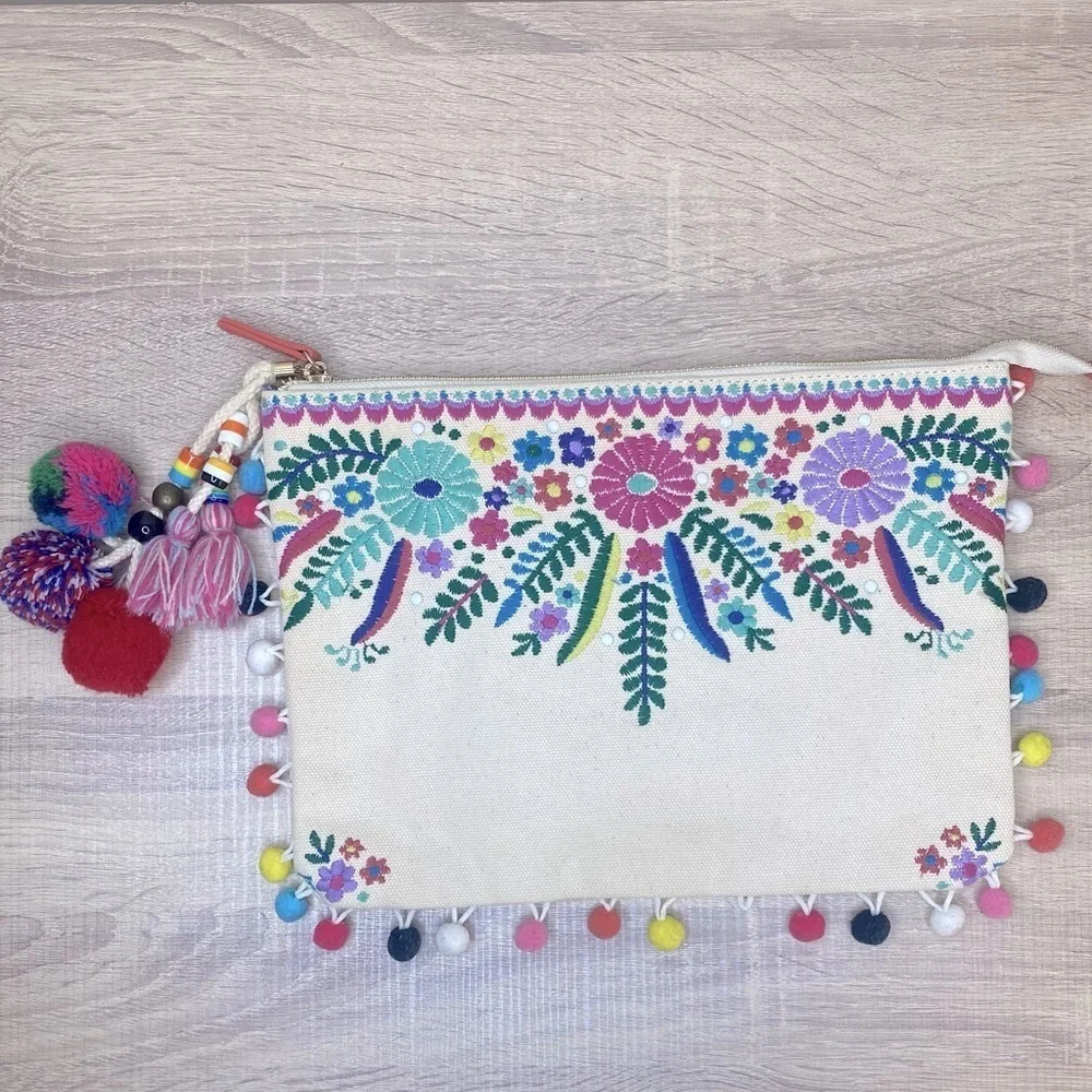 Steven By Steve Madden Jyme Colorful Embroidered Pom Pom Clutch Pouch Natural